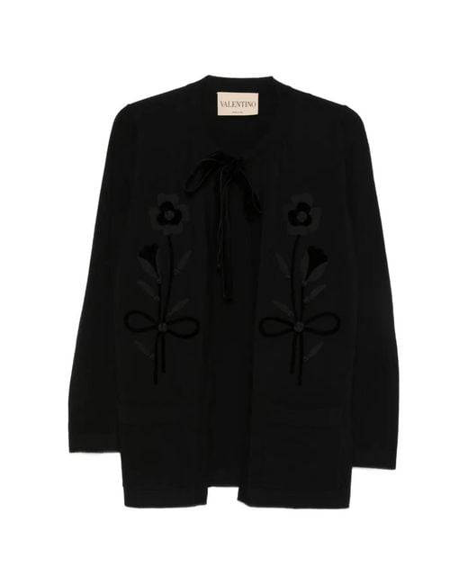 Valentino Garavani Black Floral-Applique Bow-Fastening Cardigan