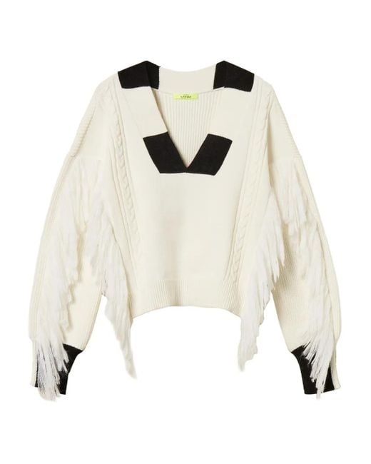 Twinset Natural Myfo Fringes Cable-Knit Sweater