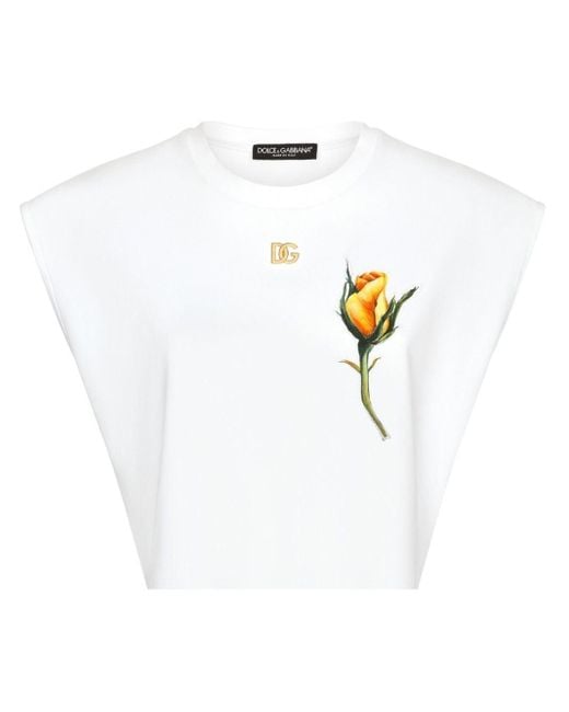 Dolce & Gabbana White Cropped-T-Shirt Aus Jersey Mit Dg-Logo Und Rosen-Stickpatch