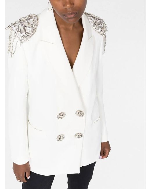 Philipp Plein White Crystal-Embellished Double-Breasted Blazer