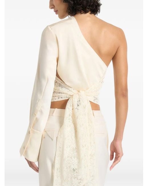Manière De Voir White One Sleeve Satin And Lace Wrap Top