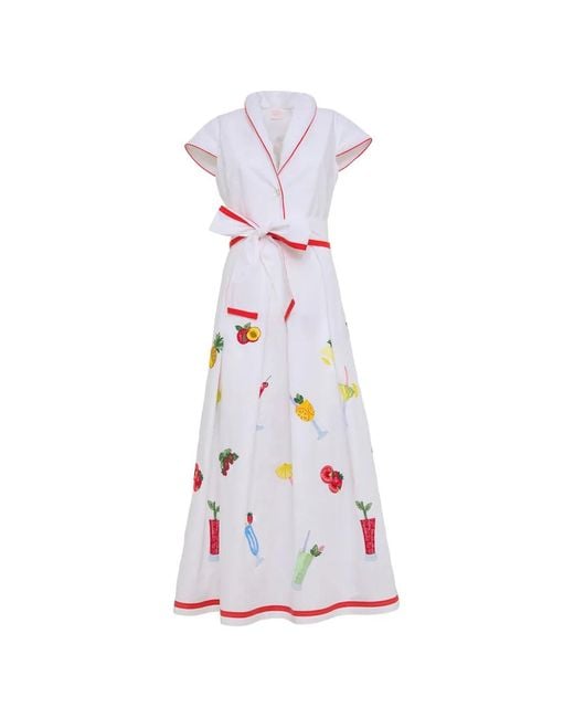 Loretta Caponi White Giardino Embroidered Poplin Cotton Midi Shirt Dress