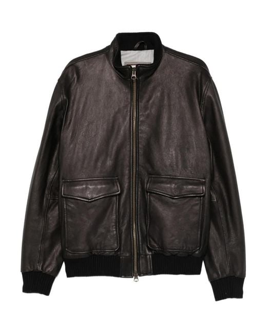 Volfagli Black Grana Pocket Zip-Fastening Leather Jacket for men