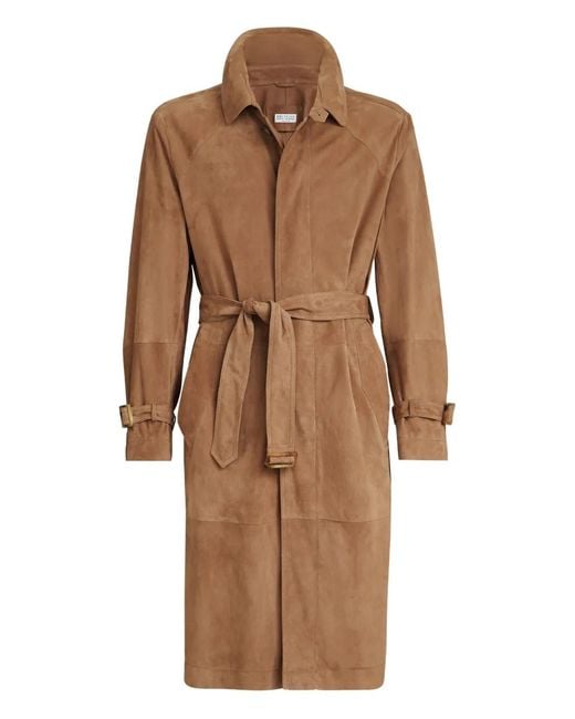 Brunello Cucinelli Brown Suede Belted Coat for men