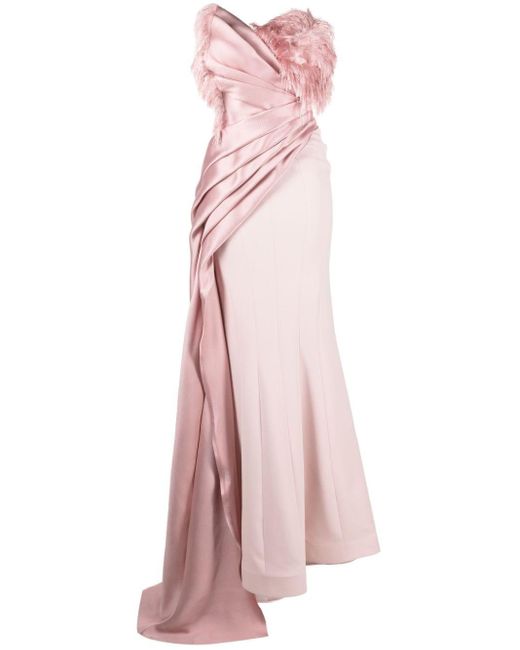 Gaby Charbachy Pink Feather-detail Strapless Gown