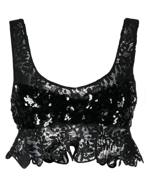 Cynthia Rowley Black Floral-lace Sequinned Tank Top