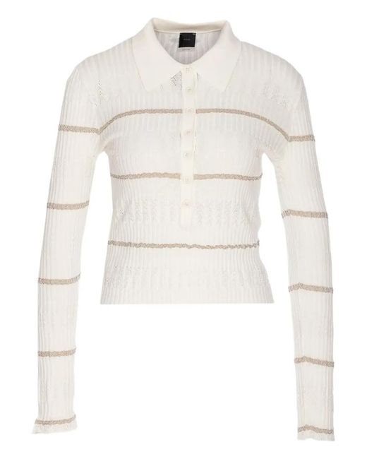 Pinko White Stripe-Ribbed Polo Top