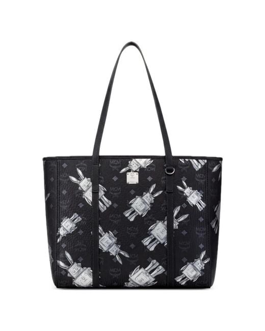 MCM Black Visetos-Print Rabbit-Motif Tote Bag