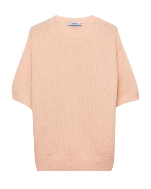 Prada Natural Short-Sleeve Crew-Neck Sweater