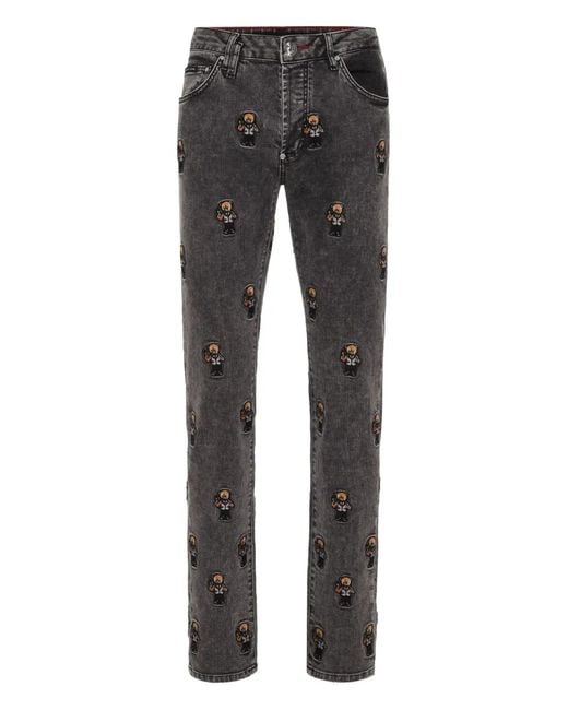 Philipp Plein Gray Bear-Embroidered Jeans for men