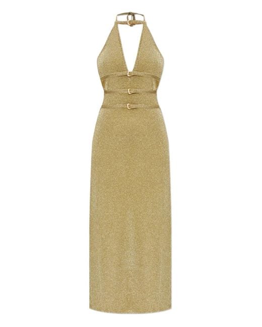 paco rabanne metal dress Plus Size Metallic Sequin High Slit Maxi Dress - Green