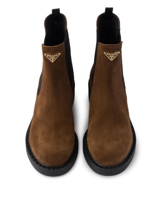 Prada Brown Suede Triangle Chelsea Boots