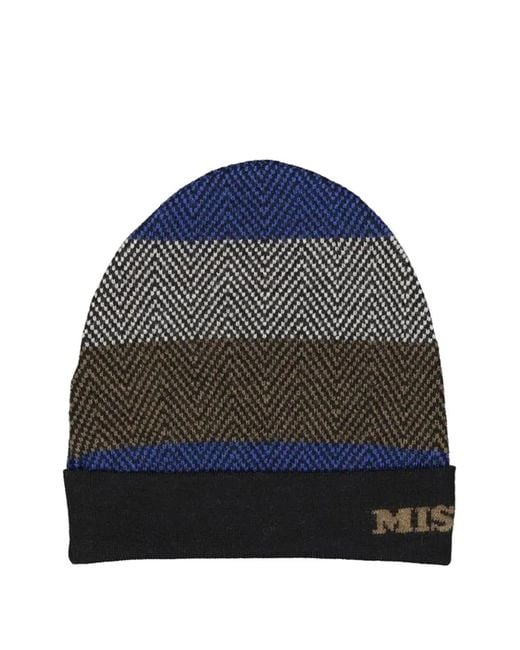 Missoni Blue Chevron-Knit Striped Beanie Hat for men