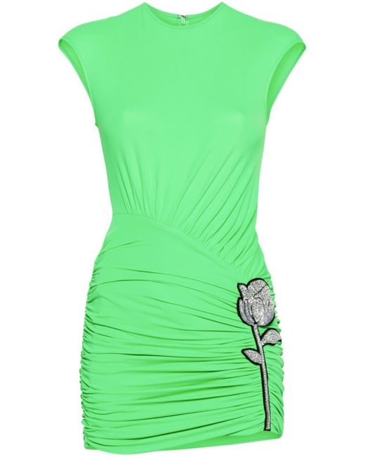 David Koma Green Rose-appliqué Ruched Mini Dress