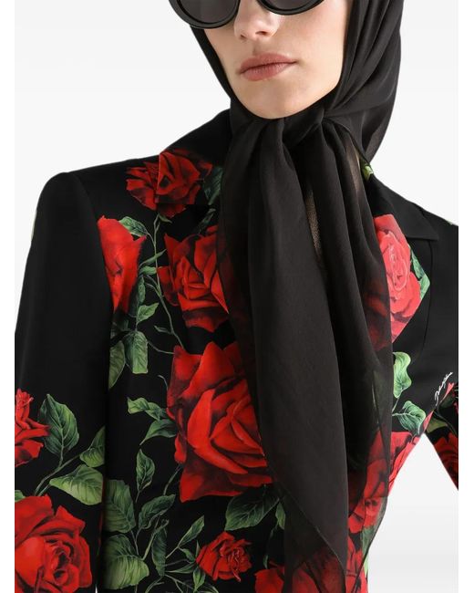 Dolce & Gabbana Red Rose-Print Charmeuse Single-Breasted Jacket