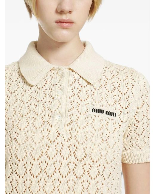 Miu Miu White Robe Courte En Maille Pointelle À Patch Logo