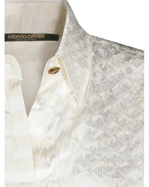 Roberto Cavalli White Wide Viscose And Silk Blend Shirt With Flocked Serpentine Print