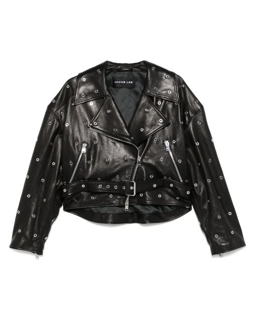 JACOB LEE Black Eyelet-Embellished Leather Jacket