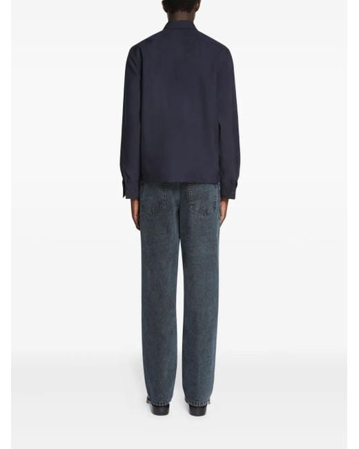 Dries Van Noten Blue Zip-Up Patch-Pocket Shirt for men