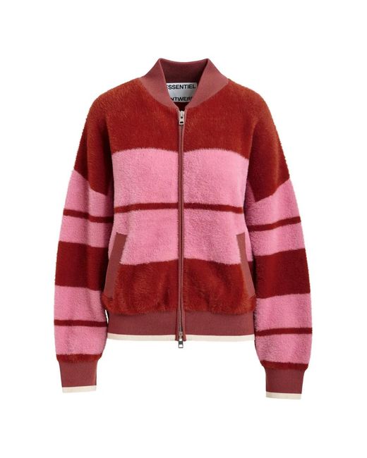 Essentiel Antwerp Red Striped Zip-Up Cardigan