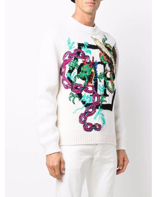 Philipp Plein White Patterned Intarsia-Knit Jumper