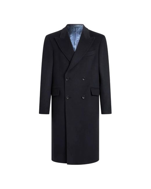 Etro Blue Double-Breasted Cashmere Coat for men