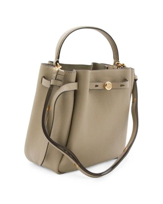 Tory Burch Metallic Romy Logo-Plaque Pebbled Leather Bucket Bag