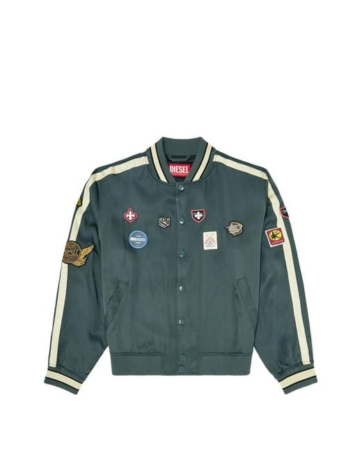 DIESEL Green Satin Bomber Jacket With Patches for men