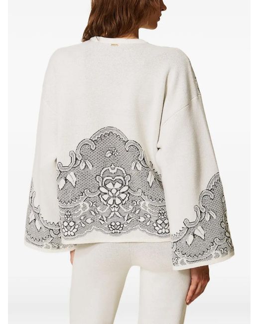 Twinset White Wool-Blend Jacquard Maxi Jumper