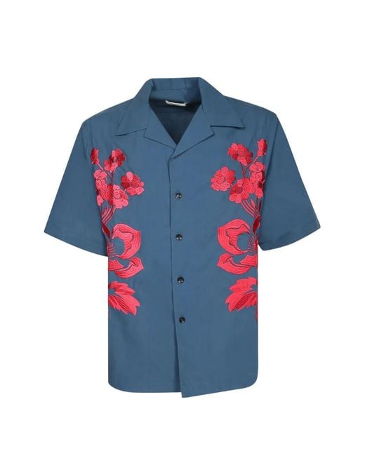 Commas Blue Floral-Embroidered Short-Sleeve Shirt for men