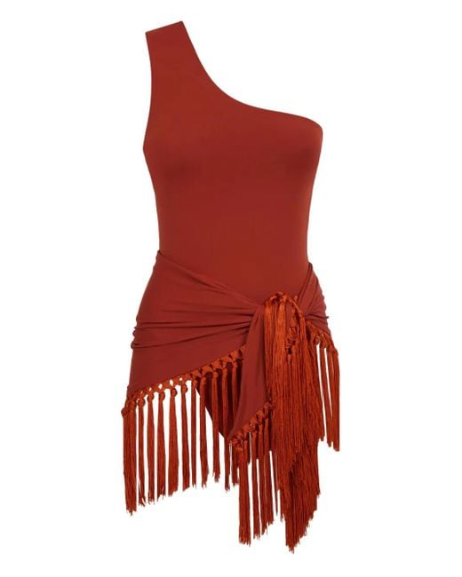 ‎Taller Marmo Red Yacare One-Shoulder Fringed Swimsuit