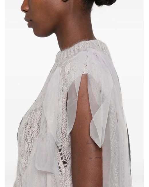 PAULINE DUJANCOURT White Cable-Knit Tulle-Trimmed Top