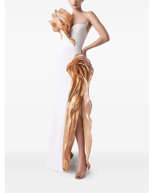 Gaby Charbachy White Ruffle-Detail Side-Split Evening Gown