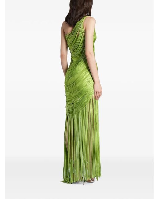 David Koma Green One-Shoulder Fringed-Detail Maxi Dress