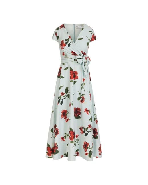 Oscar de la Renta White Hibiscus Cotton Poplin Wrap Dress