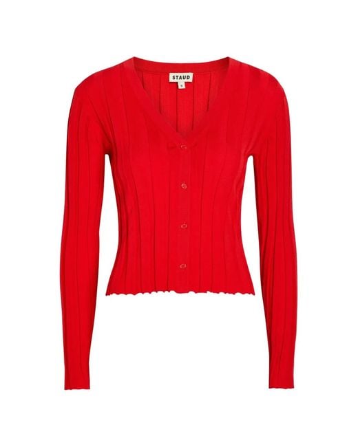 Staud Red Ezra Ribbed-Knit V-Neck Cardigan
