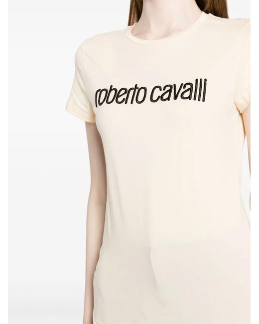 Roberto Cavalli Natural Logo-Embroidered Stretch-Cotton T-Shirt