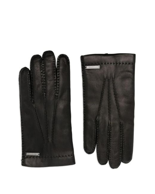 Corneliani Black Leather Stitch-Detail Gloves for men