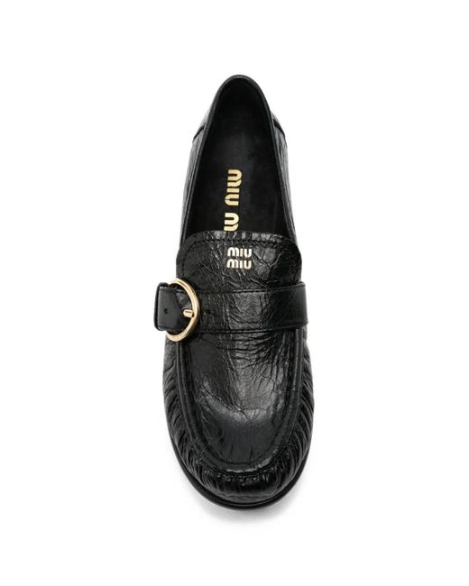 Miu Miu White Buckled Crinkled-Leather Loafers