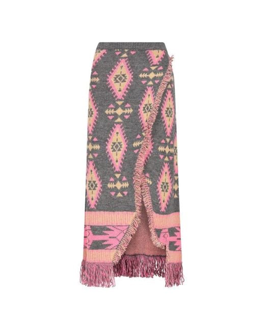 COLOUR MARKET® Pink Geometric-Pattern Fringed Maxi Skirt