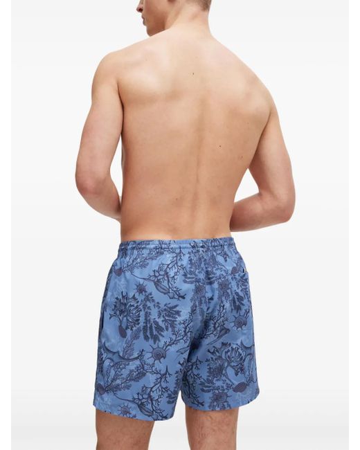 Boss Blue Floral Recycled Polyester Swim Shorts for men