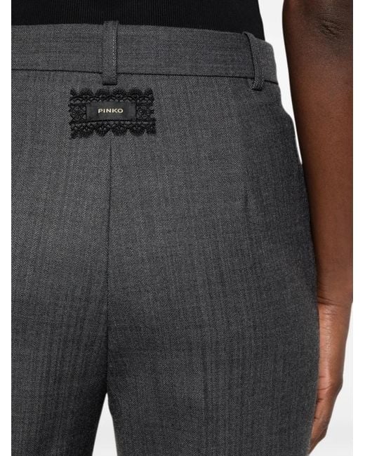 Pinko Gray Herringbone-Pattern Logo-Patch Trousers