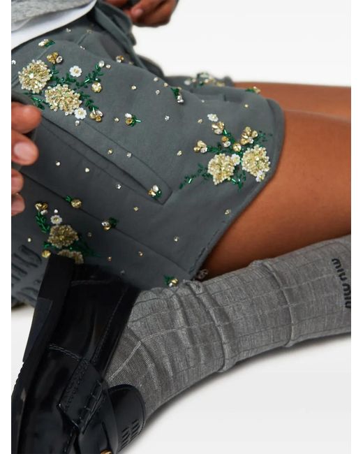 Miu Miu Gray Floral-Embroidered Cotton Shorts