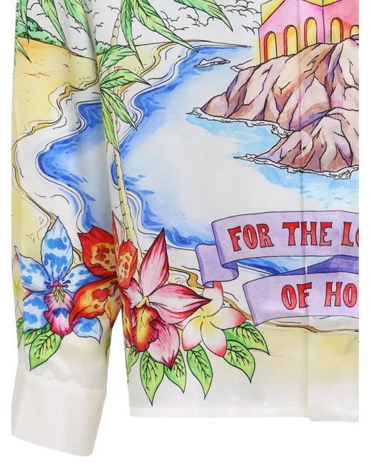 Casablanca White Flowers Long Sleeve Silk Twill Shirt for men
