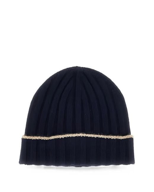 Brunello Cucinelli Blue Ribbed-Knit Cashmere Beanie Hat for men