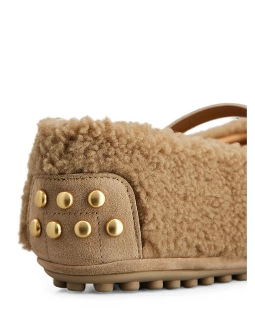 Tod's White Buckle-Strap Shearling Ballet Flats