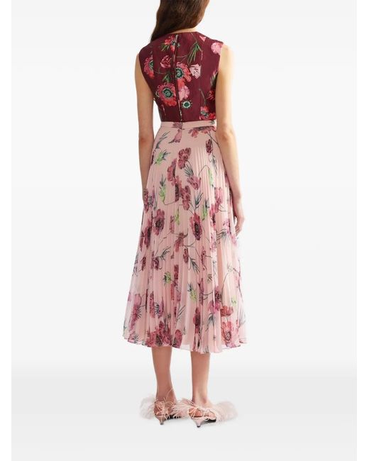 Erdem Pink Floral-Print Pleated Midi Skirt