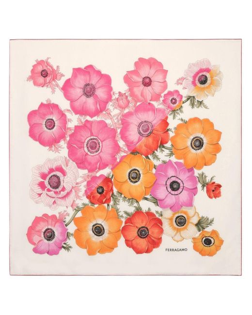 Ferragamo Pink Seidenschal mit Anemonen-Print