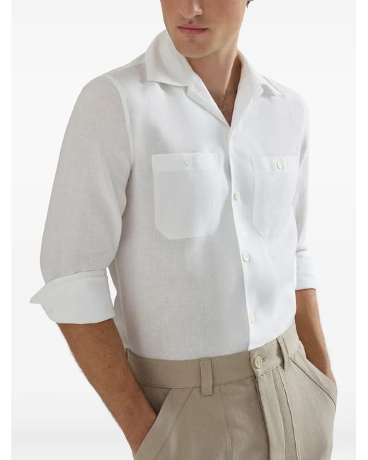 Brunello Cucinelli White Linen Chest-Pockets Shirt for men