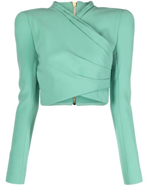 Balmain Green Wrap-design Long-sleeve Crop Top